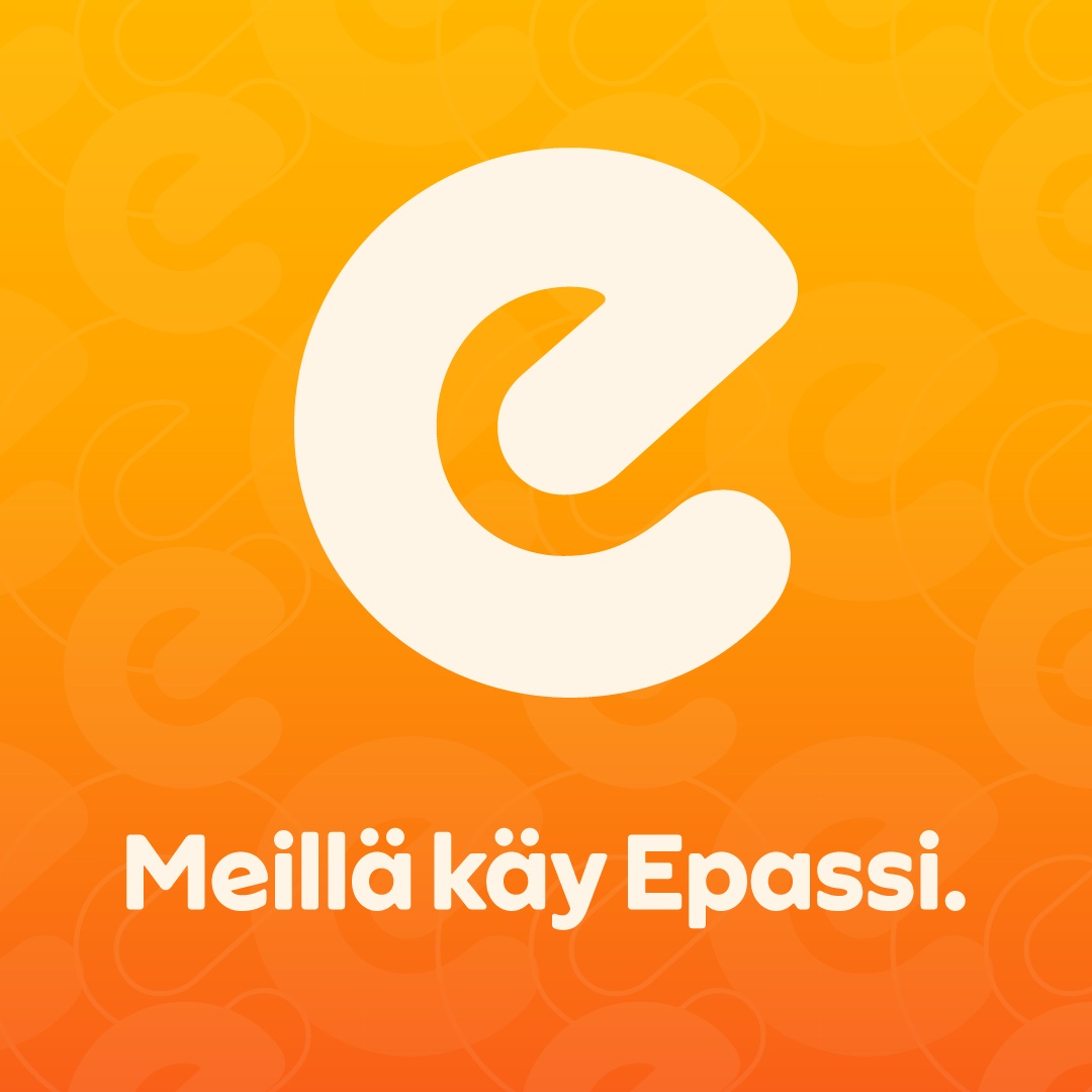 Oranssi ja valkoinen puhelinmainos, jossa ePassi-logo ja teksti “Meillä käy Epassi.”